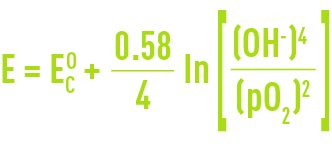 Formula: Corrosion in iron in the presence of dissolved oxygen - Electrochemical mechanism -  Nernst equation