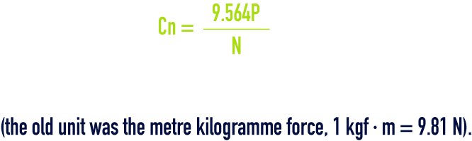 formula: Cn newton-metres - N speed rpm  - P ated power in kilowatts 