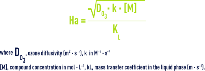 Formula: criteria to select ozonation reactors - irreversible order 2 reaction