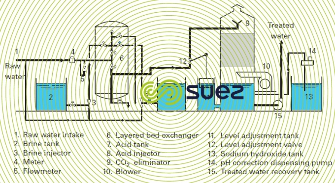 Combined carbonate removal softening layered carboxylic-sulphonic bed